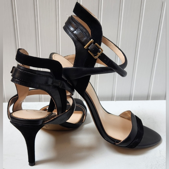 Sexy JESSICA SIMPSON Black Strappy Leather & Suede 4" Heel Sandals EUC - Picture 6 of 9